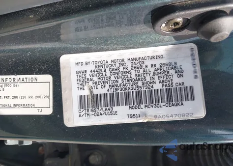 2003 Toyota Camry Xle V6 z USA, uszkodzony, nr VIN 4T1BF30KX3U557324